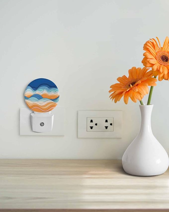 Night Lights Auto Sensor Ombre Orange Blue Night Light Abstract Mountain Waves Lines Round Lamp Plug-in LED Nightlights Dusk to Dawn for Living Room Bedroom Bathroom Hallway Wall Decor