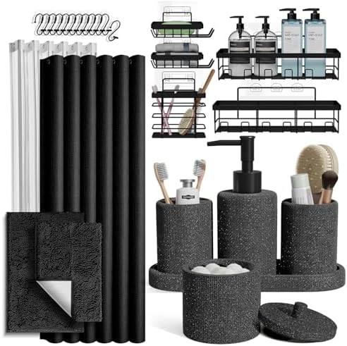 Clara Clark Coal Black Bathroom Set - Bathroom Sets with Shower Curtain and Rugs, 26PC Bathroom Accessory Set, Shower Curtain Set with Adhesive Corner Shower Caddy Hanging & Soap Dispenser by ClaraClark