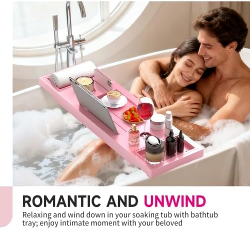 Foldable Bathtub Tray Caddy with Soap Dish Adjustable 29.5-43'' Pink - Image 4