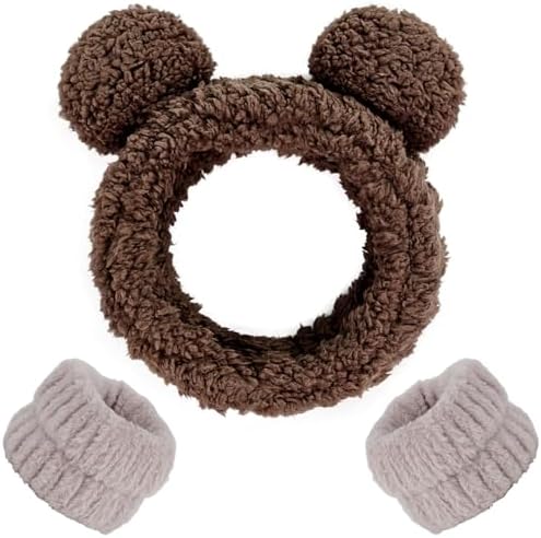 AHONEY Spa Bear Ears Headband, Face Wash Headband and Wristband Set, Cute Makeup Skincare Headbands Wrist Bands for Washing Face for Women Girls Elastic Hair Band (Brown) by Ahoney