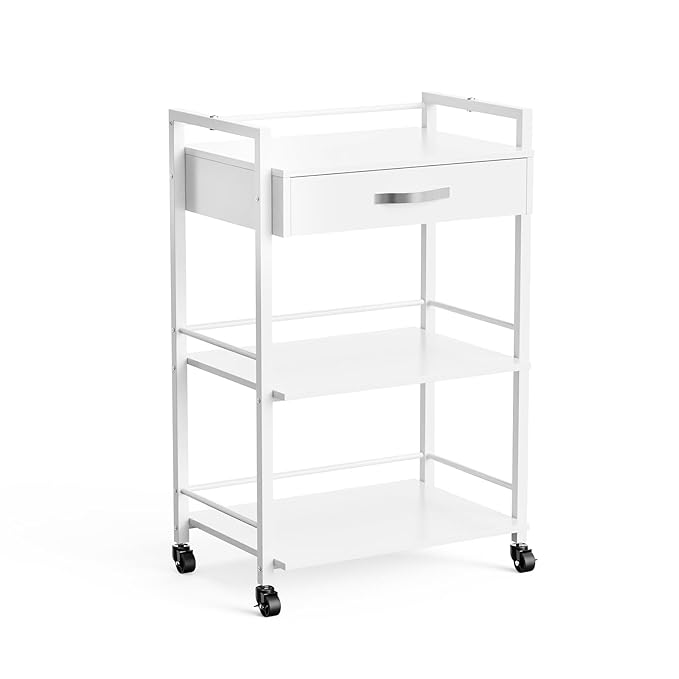 OmySalon Salon Trolley Cart with Wheels, Esthetician Cart with 1 Drawer & 2 Trays, Mobile Storage Organizer for Beauty Spa Massage Tattoo Esthetic Facial Tool Holder Station, White