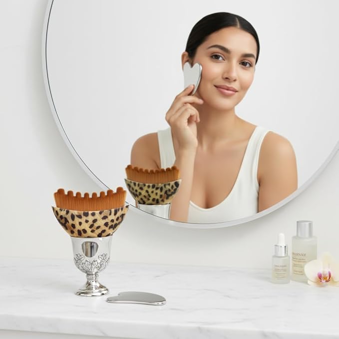 Lymphatic Contour Face Brush with Stainless Steel Gua Sha Tool - 1 Pcs Leopard Skin Lymphatic Face Brushes with GuaSha Tool for Sculpting | Gua Sha Facial Tools for Lymphatic Drainage Brushes