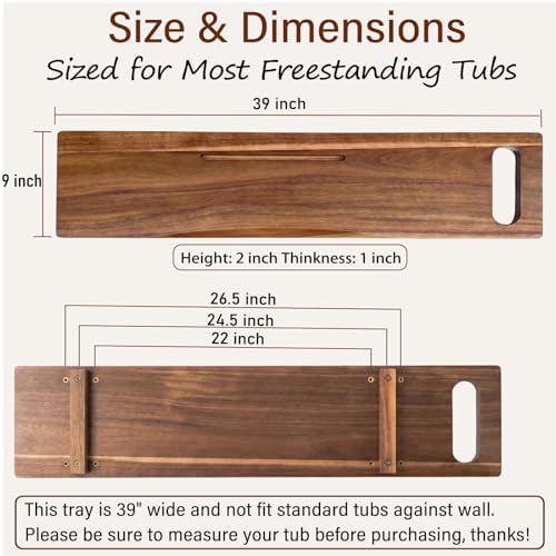 Adjustable Acacia Wood Bathtub Tray Caddy, 39" L with Handles - Image 2