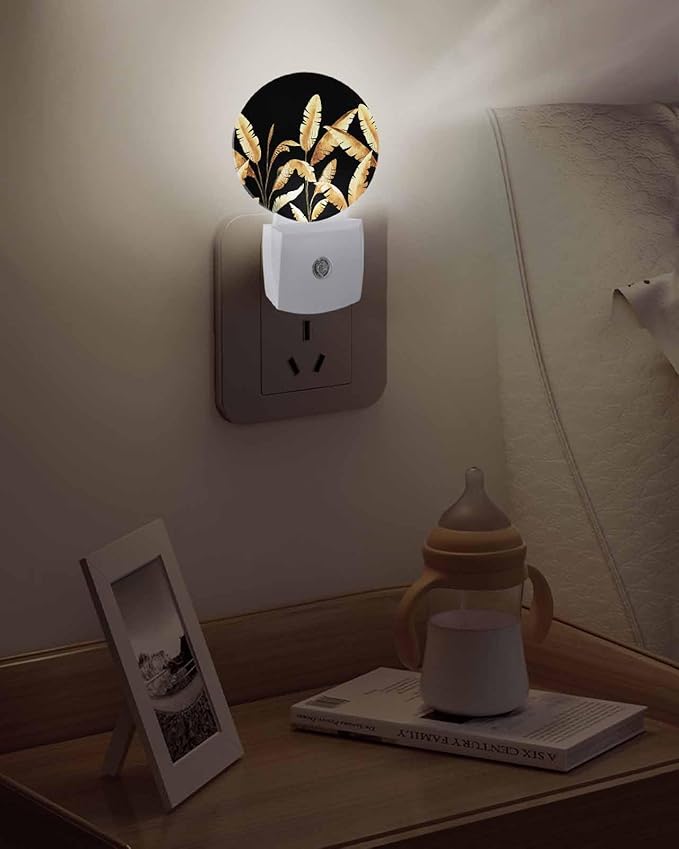 Night Lights Auto Sensor Golden Foliage Night Light Black Minimalist Leaf Round Lamp Plug-in LED Nightlights Dusk to Dawn for Living Room Bedroom Bathroom Hallway Wall Decor