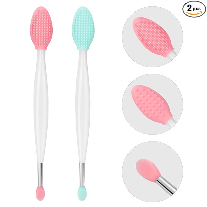 Unaone Lip Scrub Brush - 2 PCS Dual-ended Lip Scrubber Exfoliator and Silicone Lip Brush, 3-in-1 Silicone Lip Scrub Tool Lip Mask Applicator, Gentle Exfoliator & Applicator for Soft