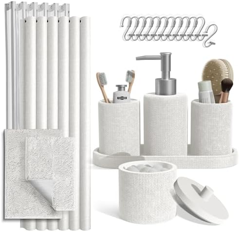 Clara Clark White Bathroom Set - Bathroom Sets with Shower Curtain and Rugs, 21PC Bathroom Accessory Set, Shower Curtain Set with Soap Dispenser & Toothbrush Holder by ClaraClark