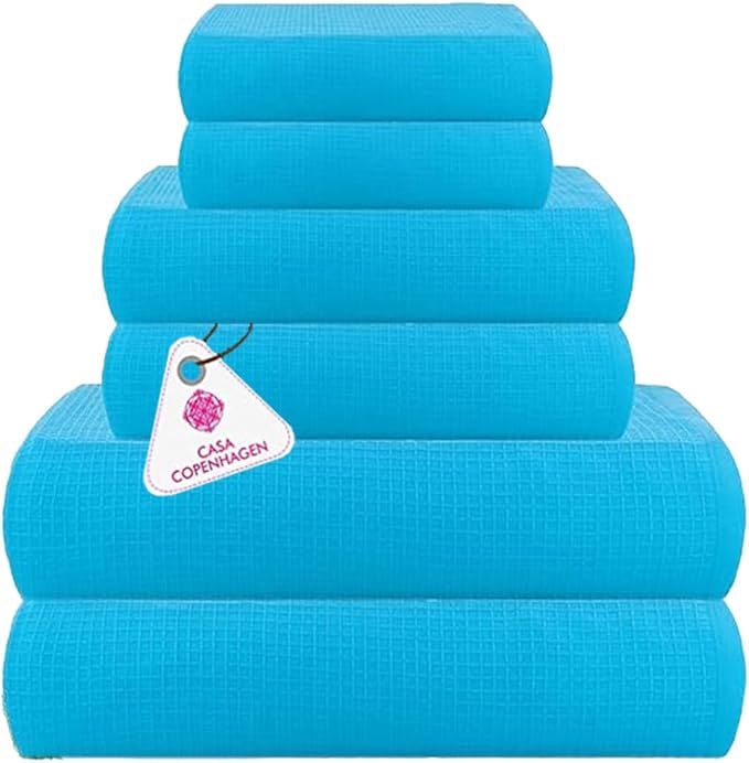 CASA COPENHAGEN Waffle 6Pcs 100% Egyptian Cotton Large Designer Towels Gift Set- Teal Blue, 2Bath 2Hand 2Washcloths, Bath Towels for Bathroom (Box Pack, Set for Women & Men)