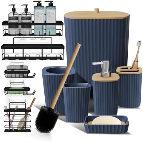 Clara Clark Bathroom Set - Navy Blue Bathroom Accessories Set, 6PC Bathroom Accessory Set, Bathroom Sets with Adhesive Corner Shower Caddy Hanging, Toilet Brush, Trash Can & Soap Dispenser by ClaraClark