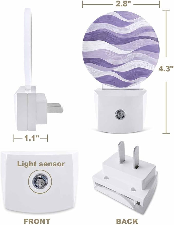 Night Lights Auto Sensor Lavender Purple Ocean Waves Night Light Abstract Mountain Stripes Round Lamp Plug-in LED Nightlights Dusk to Dawn for Living Room Bedroom Bathroom Hallway Wall Decor