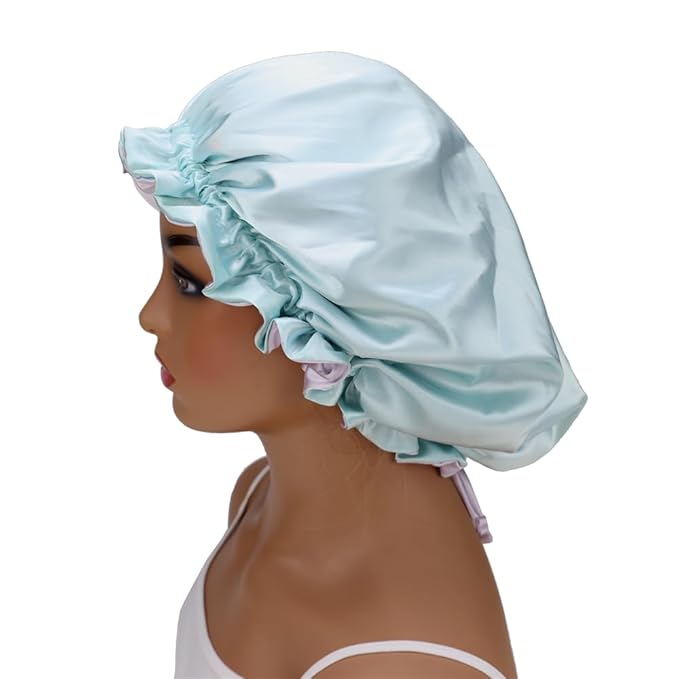 Adjustable Silk Satin Bonnet Hair Care Caps for Women Girls Loose-fitting Reversible Sleeping Cap Shower Caps Hair Wrap Bonnets (002 Lilac/Aqua)