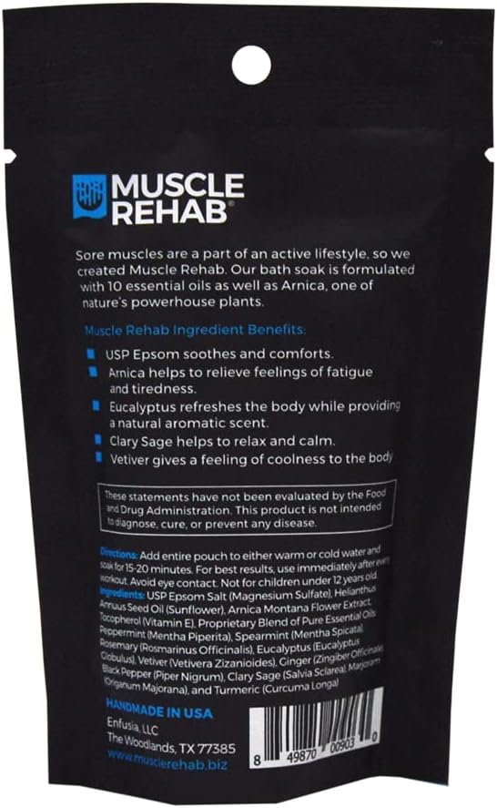 Muscle Rehab Epsom Salt Bath Soak 5 Travel Packets - with Arnica and Magnesium for Muscle Pain Relief - Portable Foot Soak for Athletes and Active Recovery