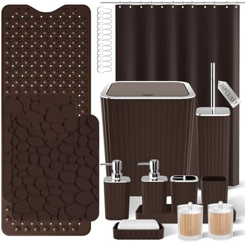 XLHOMO 26PC Bathroom Accessories Set - Gorgeous Brown Bathroom Set, Bathroom Accessory Set, Shower Curtain Set with Bathtub Mats for Shower Tub, Trash Can & Soap Dispenser by BetterbathroomwithXLHOME