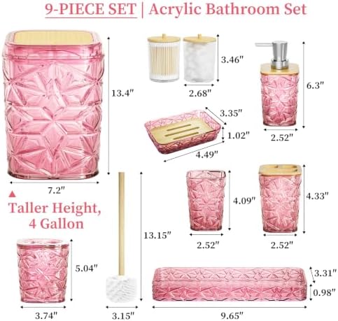 Bathroom Accessory Set, 9-Piece Pink Bathroom Set with Trash Can, Toilet Brush, Soap Dispenser, Soap Dish, Toothbrush Holder, Tumbler, Q-tip Holders & Tray, for Hotel/Apartment, Housewarming Gift - Image 2