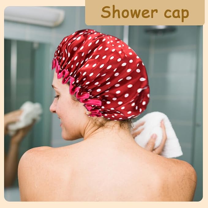 Christmas Red Polka Dot Shower Cap for Women Girls Vintage Polka Dot Shower Caps for Briads Womens Reusable Bathing Caps for Women Double Layer Waterproof Washable Bathing Cap for Thick Thin Hair
