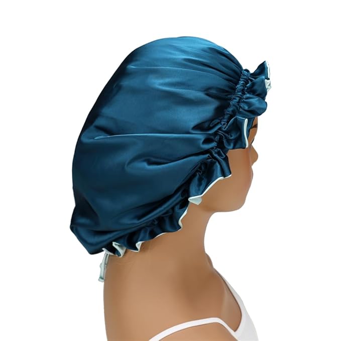 Adjustable Silk Satin Bonnet Hair Care Caps for Women Girls Loose-fitting Reversible Sleeping Cap Shower Caps Hair Wrap Bonnets (005 Peafowl/Aqua)