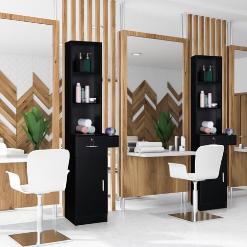 mefeir Salon Station, Barber Hair Stylist Storage Cabinet with Lockable Drawer, 5 Compartments & Shelf, Durable MDF, Organizer Equipment for Beauty Salon, Barbershop, Upgrade Black