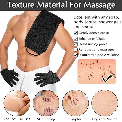 Anezus Exfoliating Back Scrubber Bath Gloves Set, Exfoliating Shower Towel with Shower Gloves for Body Scrub, Back Cleaner Wash Gloves to Remove Dead Skin (Black) - Image 6