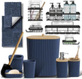 Clara Clark Bathroom Set - Navy Blue Bathroom Accessories Set, 6PC Bathroom Accessory Set, Bathroom Sets with Bathroom Rugs, Adhesive Corner Shower Caddy Hanging, Toilet Brush & Trash Can by ClaraClark