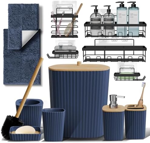 Clara Clark Bathroom Set - Navy Blue Bathroom Accessories Set, 6PC Bathroom Accessory Set, Bathroom Sets with Bathroom Rugs, Adhesive Corner Shower Caddy Hanging, Toilet Brush & Trash Can by ClaraClark