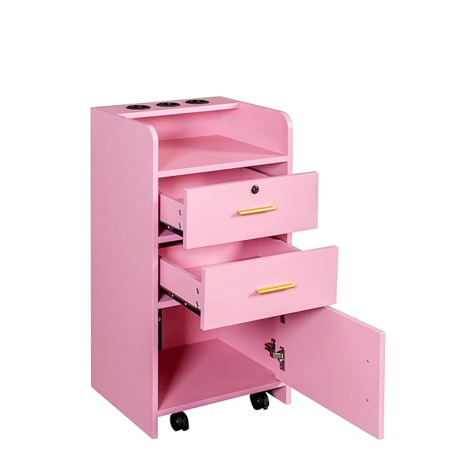 SSLine Modern Salon Station Pink Floor Stand Styling Sation Wood Salon Cabinet for Hair Stylist Barber Shop Classic Beauty Spa Storage Table with Drawers,Cupboard and Tool Insert Holes