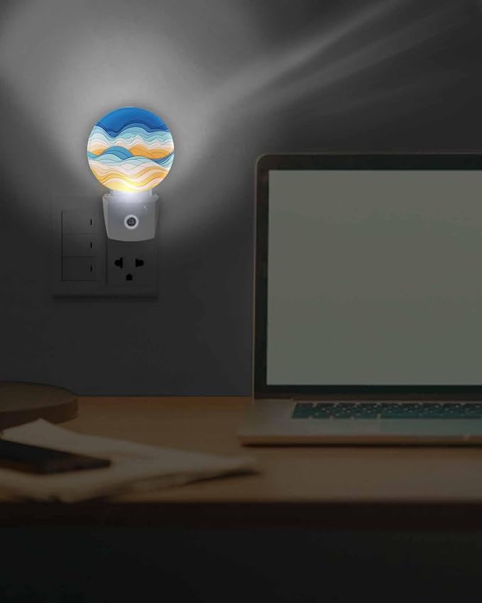 Night Lights Auto Sensor Ombre Orange Blue Night Light Abstract Mountain Waves Lines Round Lamp Plug-in LED Nightlights Dusk to Dawn for Living Room Bedroom Bathroom Hallway Wall Decor