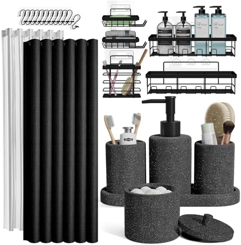 Clara Clark Bathroom Set - Coal Black Bathroom Accessories Set, 24PC Bathroom Accessory Set, Bathroom Sets with Shower Curtain Set, Adhesive Corner Shower Caddy Hanging & Soap Dispenser by ClaraClark