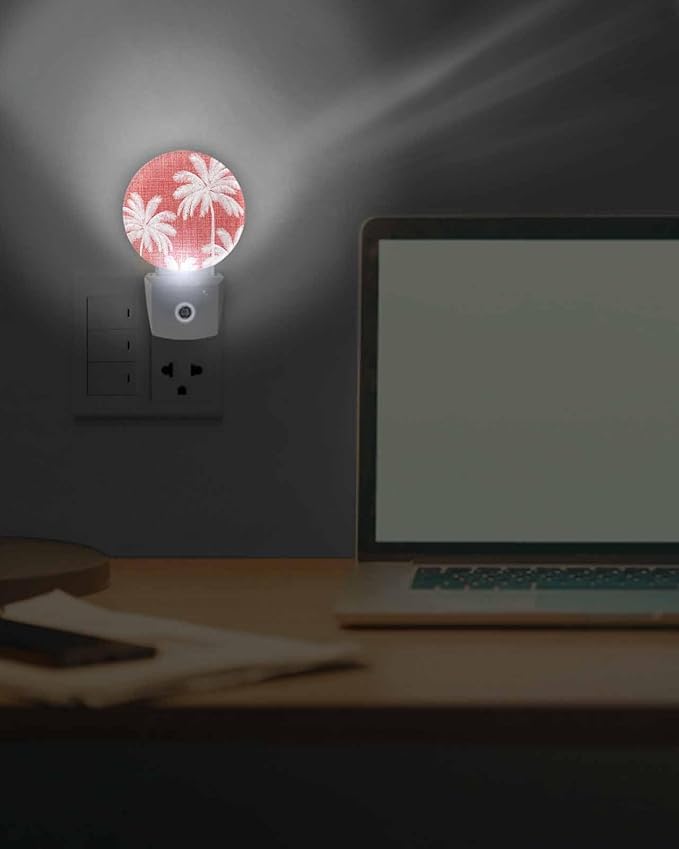 Night Lights Auto Sensor Tropical Palm Trees Night Light Coral Linen Coastal Round Lamp Plug-in LED Nightlights Dusk to Dawn for Living Room Bedroom Bathroom Hallway Wall Decor
