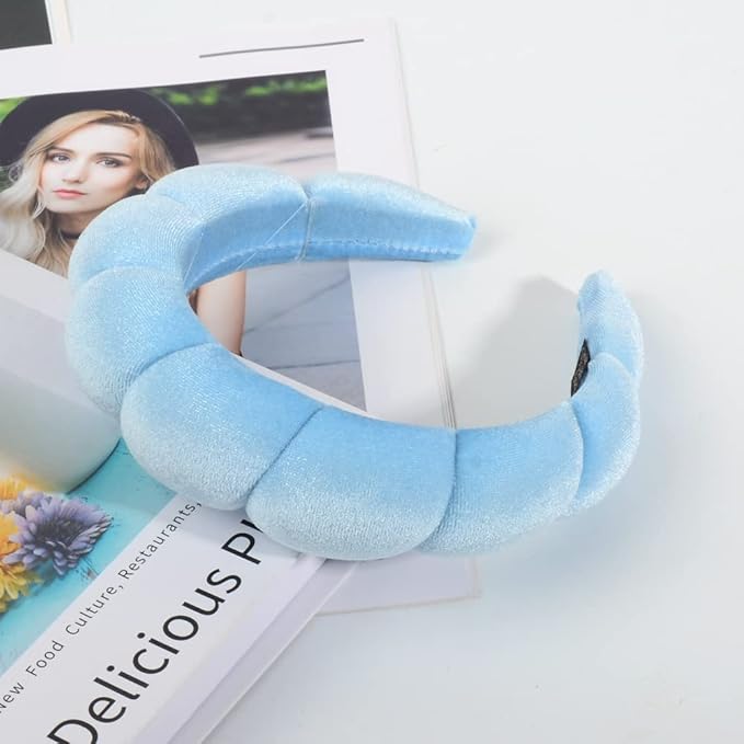 Luckybear Spa Headband for Washing Face, Velvet Makeup Headband, Bubble Skincare Head bands with Face Wash Wristbands Sponge Puffy for Women Skin Care -Blue