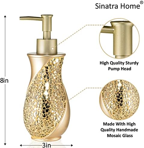 Zahari Home 4pc Sinatra Stylish Bathroom Accessories Set Champagne Gold Soap Dispenser Pump, Tumbler, Tooth Brush Holder and Soap Dish Modern Decor Bling Mosaic Glass Gold Bathroom Accessories - Image 2