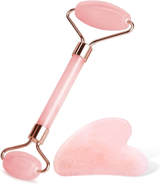 URAQT Gua Sha Facial Tools & Jade Roller Set for Face Guasha Tool for Face Ice Roller for Skin Care Gua Sha Stone Board Set for Reduce Puffiness and Improve Wrinkles Self Care Gifts(Pink)