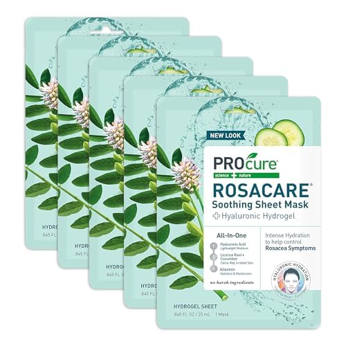 PROcure Rosacare Redness Relief Sheet Face Mask – 5 Pack – Hyaluronic Acid, Licorice Root & Cucumber for Sensitive Skin Hydration & Calming