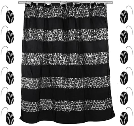 Zahari Home 13pc Sinatra Bathroom Shower Curtain Set Classic Shower Curtain & 12 Shower Curtain Hooks Luxury Fabric Shower Curtain Unique Design Bling Black Shower Curtain Set by ZahariHome