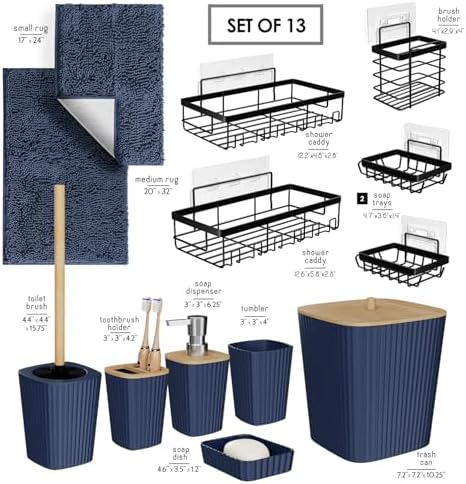 Clara Clark Bathroom Set - Navy Blue Bathroom Accessories Set, 6PC Bathroom Accessory Set, Bathroom Sets with Bathroom Rugs, Adhesive Corner Shower Caddy Hanging, Toilet Brush & Trash Can - Image 2