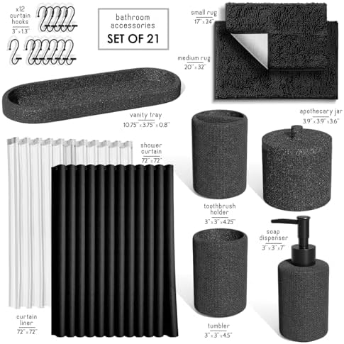 Clara Clark Coal Black Bathroom Set - Bathroom Sets with Shower Curtain and Rugs, 21PC Bathroom Accessory Set, Shower Curtain Set with Soap Dispenser & Toothbrush Holder - Image 2