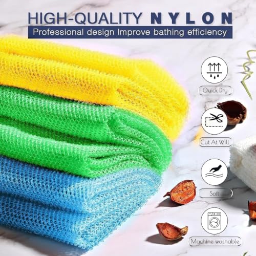 UJFQBH 3 Pieces African exfoliating net African Net Long Net Bath Sponge Exfoliating Shower Body Scrubber Back Scrubber Skin Smoother,Great for Daily Use (Yellow, Green, Blue) - Image 4