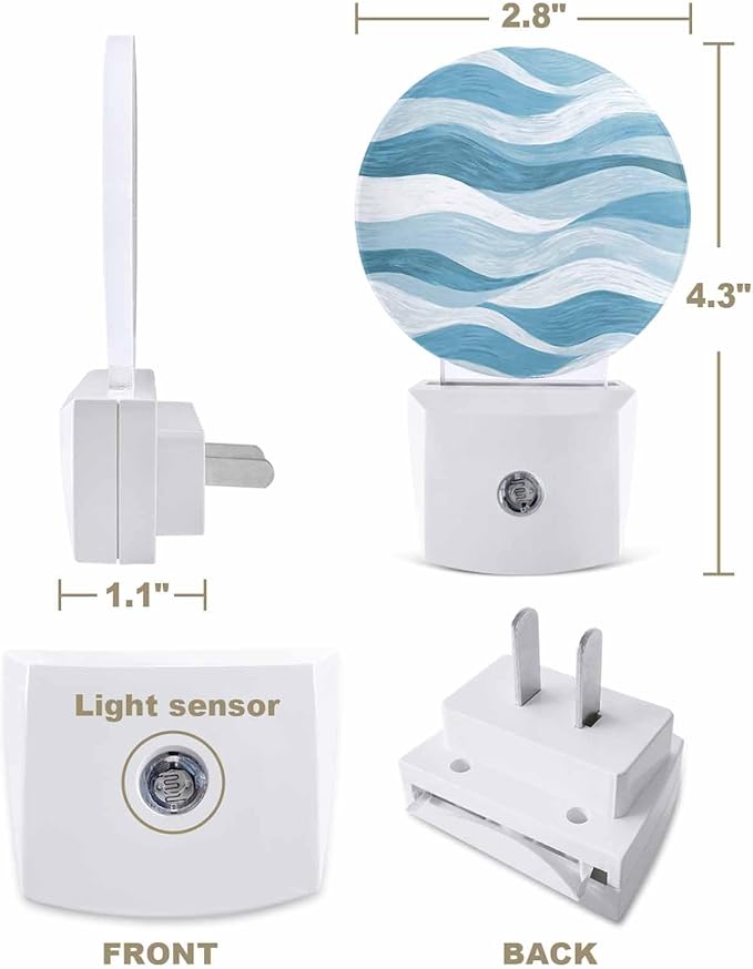 Night Lights Auto Sensor Teal Blue Ocean Waves Night Light Abstract Mountain Stripes Round Lamp Plug-in LED Nightlights Dusk to Dawn for Living Room Bedroom Bathroom Hallway Wall Decor