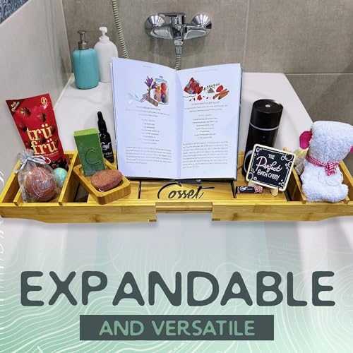 Cosset Bathtub Tray - Expandable Bamboo Bathroom Tray for Women and Men - Soap Dish, Book, Phone & Tablet Holder, Wine Glass Slot - Relaxing Bath Caddy for Spa and Shower - Image 3