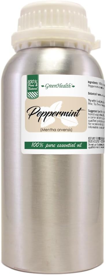 GreenHealth Peppermint Essential Oil – 2 Pack (16 fl oz Each) – 100% Pure & Uncut – Strong Menthol Scent – Aluminum Bottles for Diffusers, Cleaning, DIY Use