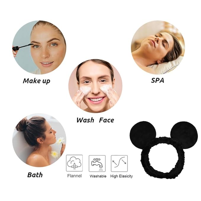 JIAHANG Mouse Ears Facial Spa Headbands, Coral Fleece Wash Face Hair Band, Velvet Shower Hair Band for Girls Women Make up Hair Accessories