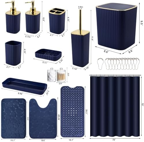 XLHOMO 26PC Bathroom Accessories Set - Gorgeous Blue Bathroom Set, Bathroom Accessory Set, Navy Blue Shower Curtain Set with Bathtub Mats for Shower Tub - Image 2
