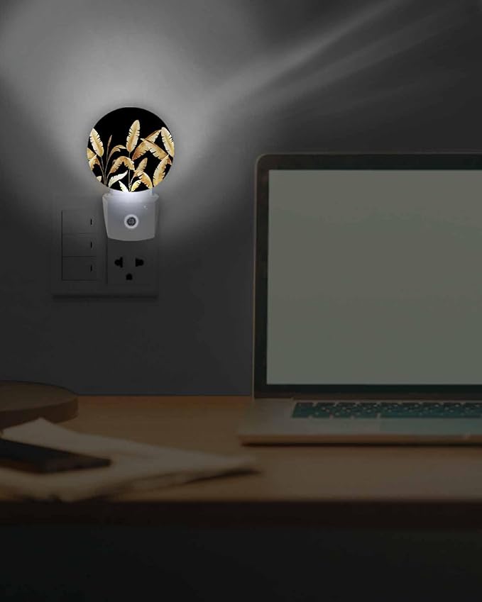 Night Lights Auto Sensor Golden Foliage Night Light Black Minimalist Leaf Round Lamp Plug-in LED Nightlights Dusk to Dawn for Living Room Bedroom Bathroom Hallway Wall Decor