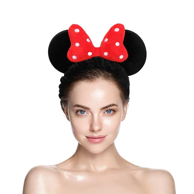 JIAHANG Mouse Ears Facial Spa Headbands, Coral Fleece Wash Face Hair Band, Velvet Bow Shower Hair Band for Girls Women Make up Hair Accessories