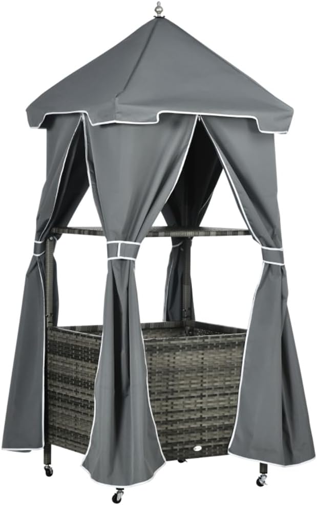 Pool Towel Valet Caddy with Canopy Cover, Hand-Woven PE Rattan Storage Organizer with Wheels, Shelf & Basket for Pool, Patio, Bathroom, Spa - Dark Gray Wicker & Gray Fabric, Assembly Required