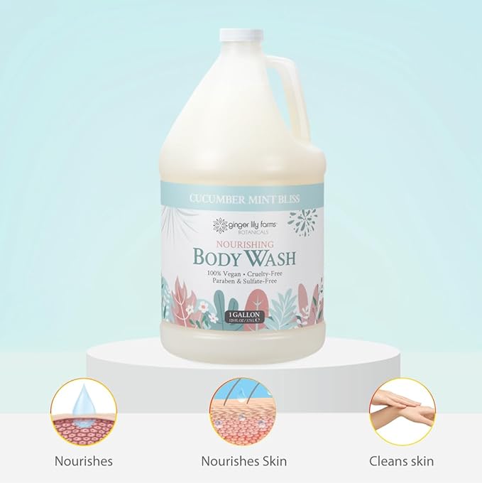 Ginger Lily Farms Botanicals Nourishing Body Wash, 100% Vegan & Cruelty-Free, Cucumber Mint Bliss Scent, 1 Gallon (Pack of 4)