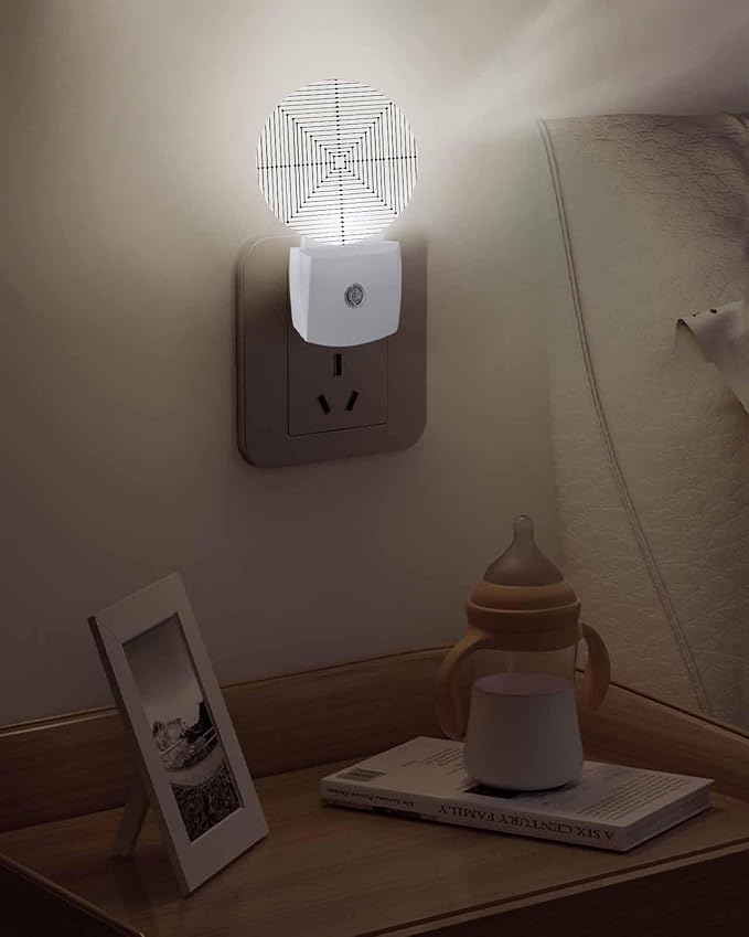 Night Lights Auto Sensor Beige Aesthetic Night Light Lines Perspective Box Round Lamp Plug-in LED Nightlights Dusk to Dawn for Living Room Bedroom Bathroom Hallway Wall Decor