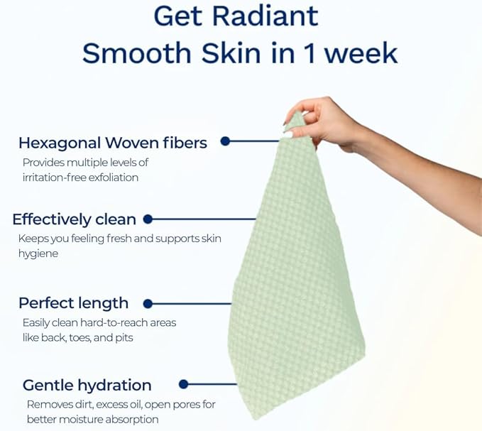 Sima Brand Exfoliating Washcloth Face & Body Scrub Towel - Japanese Exfoliating Towel with Hexagon Fibers, Body Scrubber with 2 Sides for Scrubbing & Washing, Extra Long Body Towels (Green)