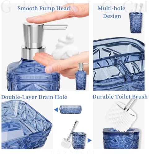 Bathroom Accessory Set, 9-Piece Blue Bathroom Set with Trash Can, Toilet Brush, Soap Dispenser, Soap Dish, Toothbrush Holder, Tumbler, Q-tip Holders & Tray, for Hotel/Apartment, Housewarming Gift - Image 5