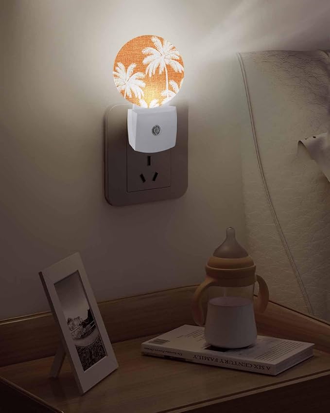 Night Lights Auto Sensor Tropical Palm Trees Night Light Orange Linen Coastal Round Lamp Plug-in LED Nightlights Dusk to Dawn for Living Room Bedroom Bathroom Hallway Wall Decor
