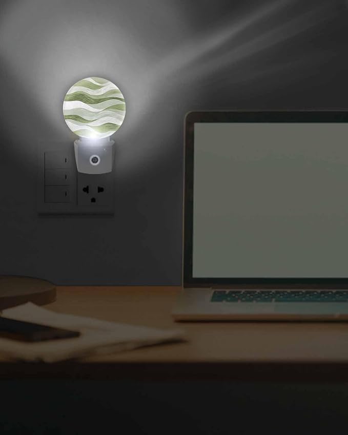 Night Lights Auto Sensor Green Ocean Waves Night Light Abstract Mountain Stripes Round Lamp Plug-in LED Nightlights Dusk to Dawn for Living Room Bedroom Bathroom Hallway Wall Decor