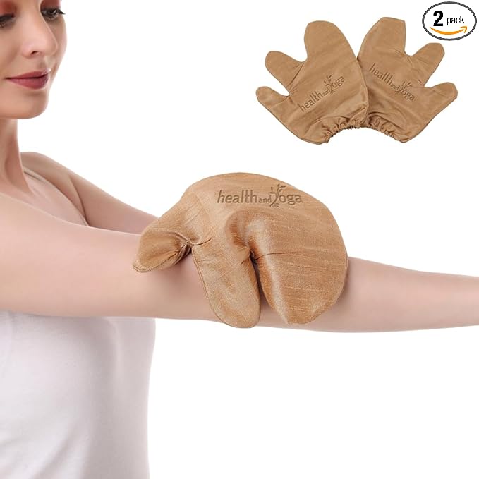 HealthAndYoga™ Silk Garshana Ayurvedic Massage Gloves - Electro Static Lymph Circulation Boost - 100% Natural Dry Skin Brushing and Exfoliation and Excess Fat Treatment - Mitt Style 1 Pair